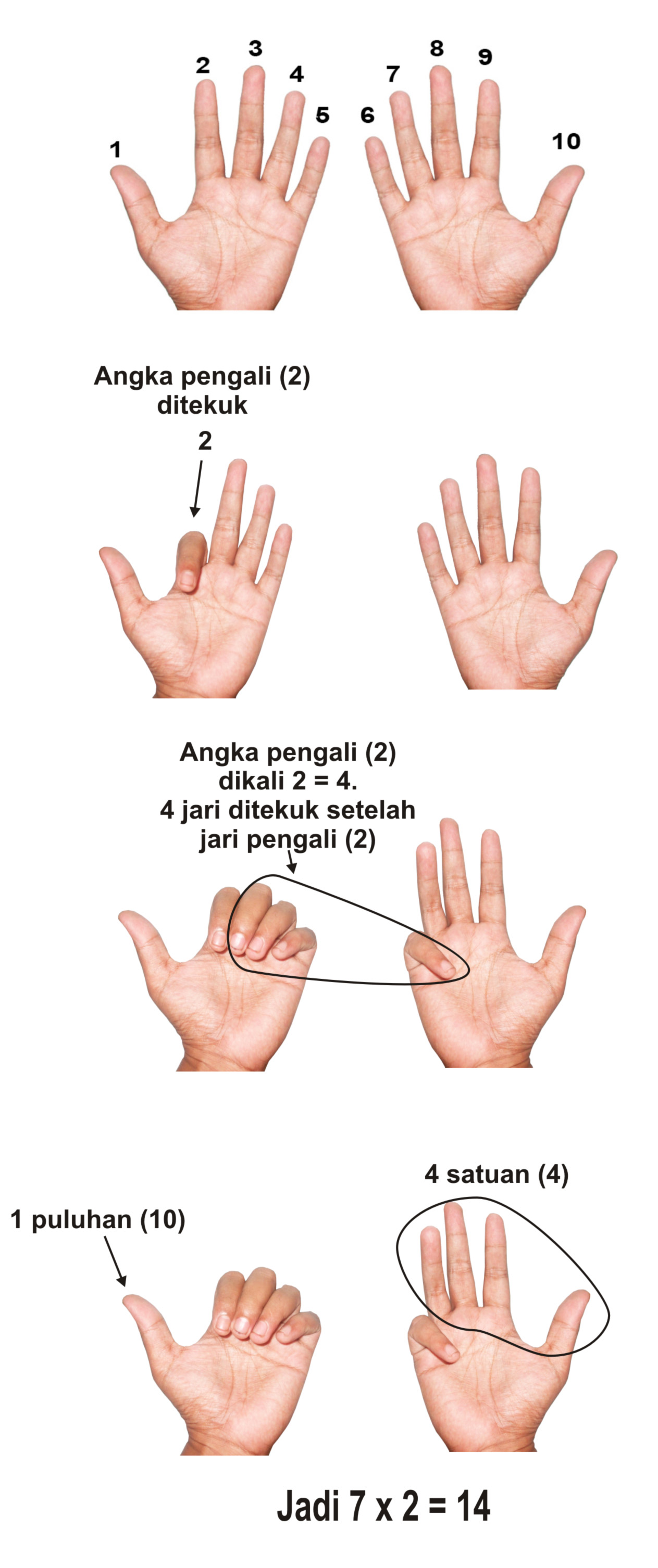 Perkalian 6 x 7 dengan teknik jarimatika Contoh ilustrasi